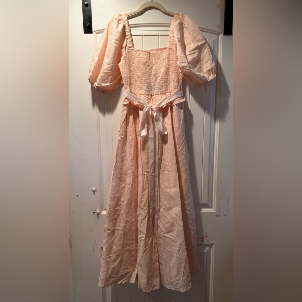 Peach Puff Maxi Dress with Puff Sleeves and Smocked Bodice